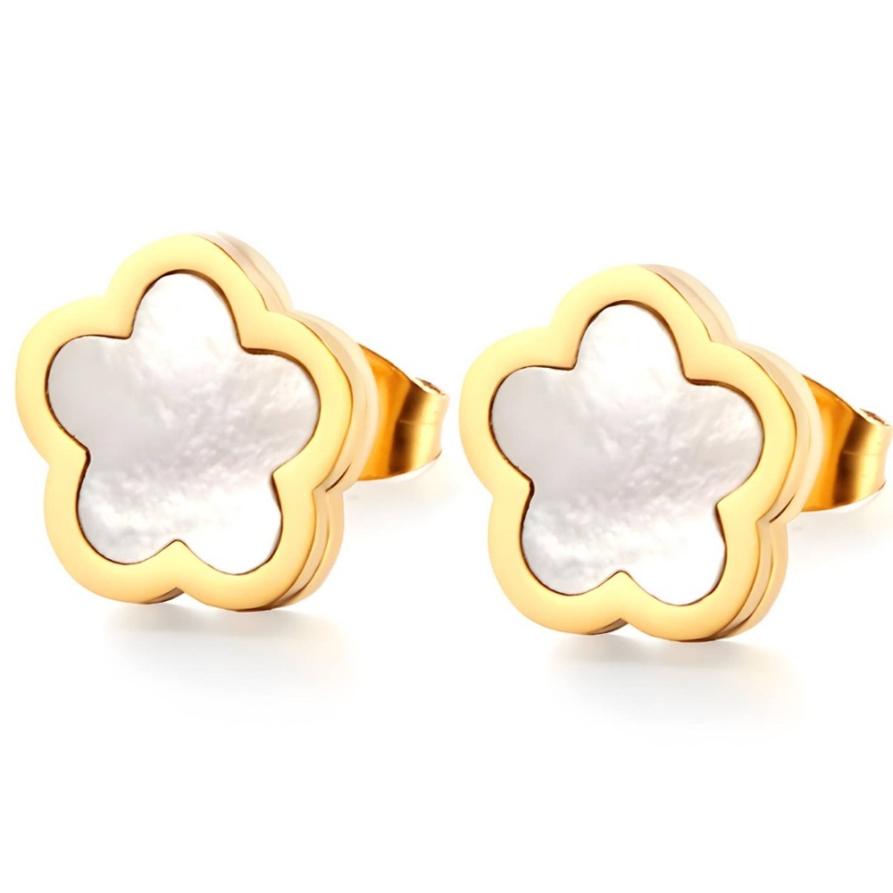 Gold and White Flower Earrings